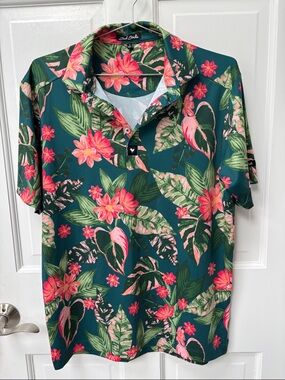 Bad Birdie Teal Floral Polo with Pink Accents